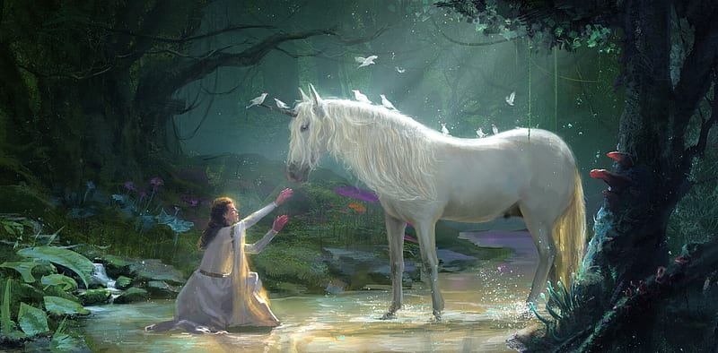 Girl, unicorn, forest, art, fantasy, frumusete, luminos, HD wallpaper ...