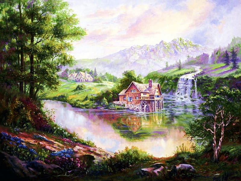 Old Watermill, house, mill, painting, waterfall, river, artwork, landscape, HD wallpaper