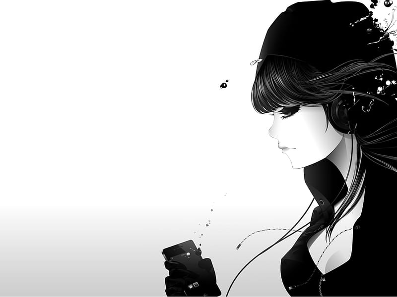 Music Girl, pretty, cg, eye, black and white, emo, earphone, anime, hot,  beauty, HD wallpaper | Peakpx