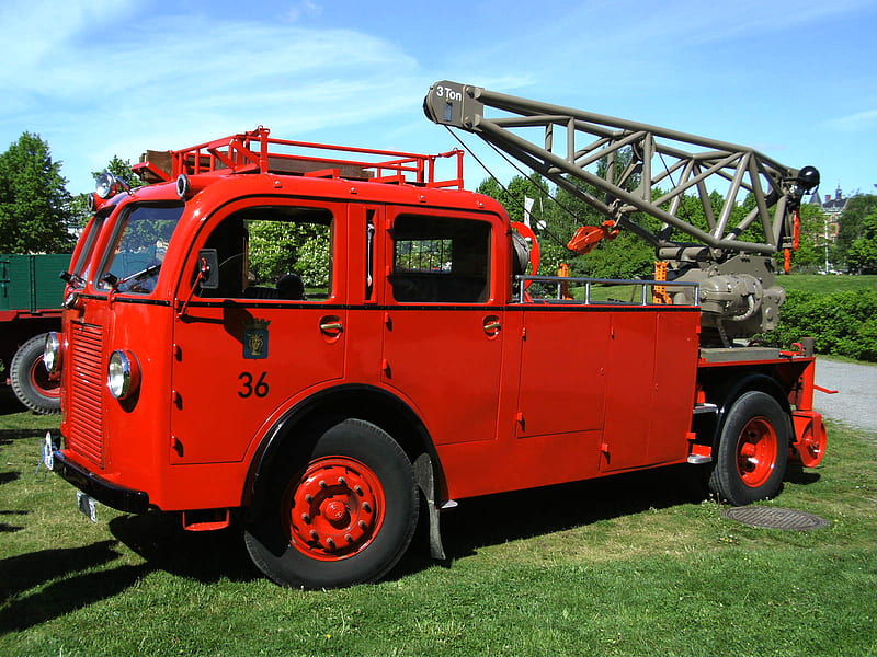 Old fire engine 2, stockholm, red, sweden, HD wallpaper