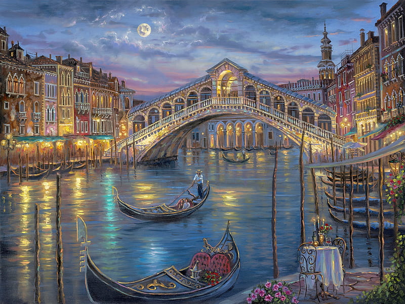 Last night on the Grand Canal, water, painitng, venice, pictura, night, blue, art, canal, robert finale, boat, HD wallpaper