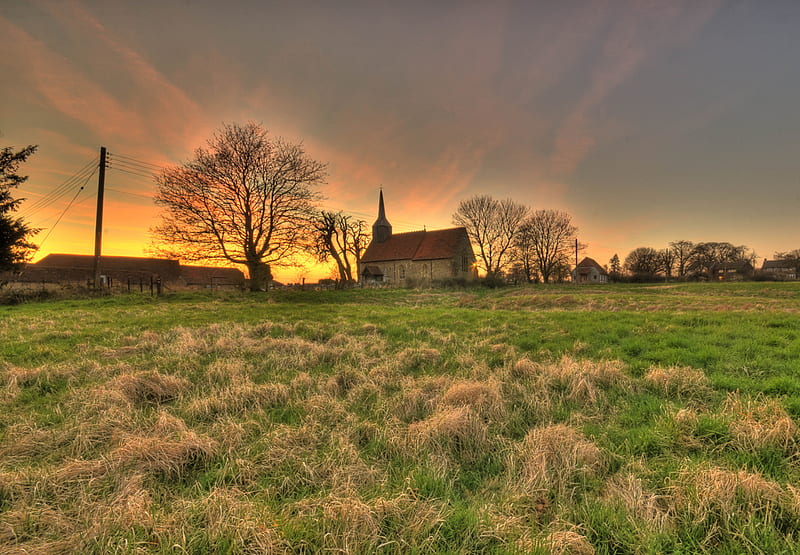 Church in sunset, glow, sun, grass, background, bonito, sunset, church,  trees, HD wallpaper | Peakpx