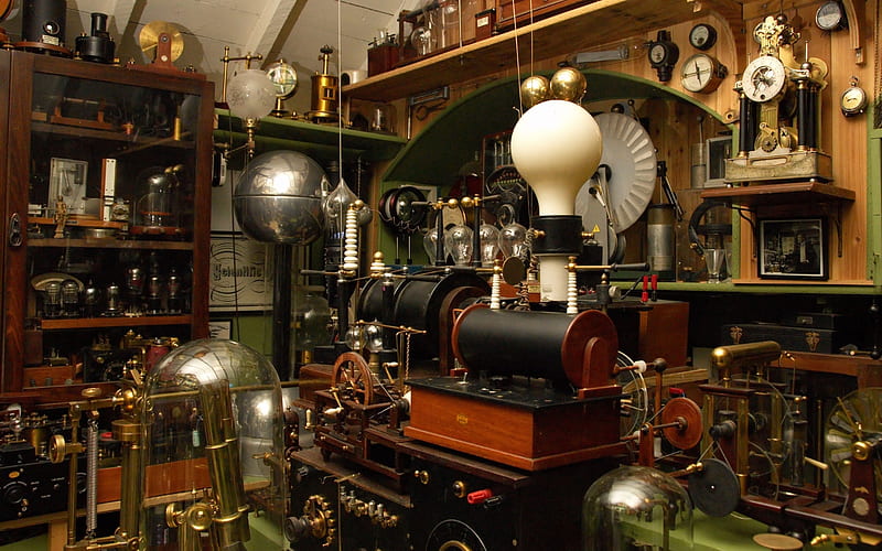 Edison's light bulb, generator, clocks, light bulb, gears, HD wallpaper