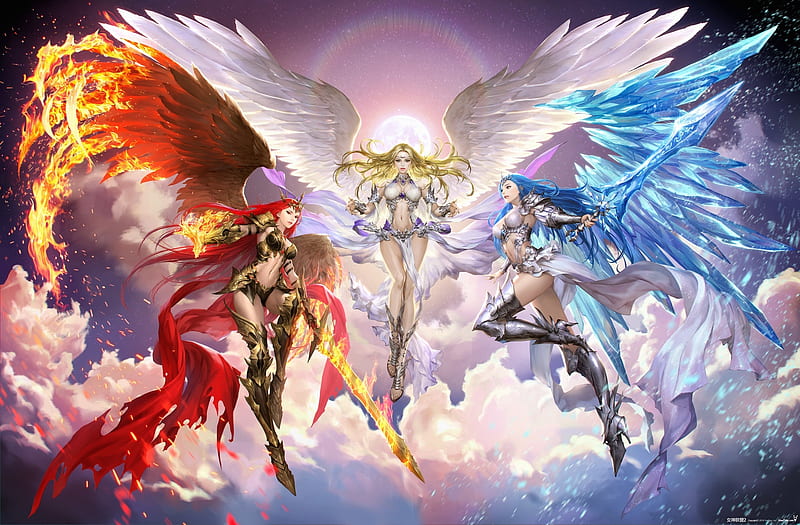 Angels, luminos, goddess, trio, angel, three, white, wings, orange, fantasy, blue, HD wallpaper