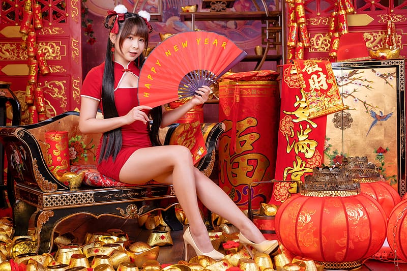 Asian Beauty Wishing all a Happy New Year, asian, fan, brunette, model, hith heels, legs, HD wallpaper