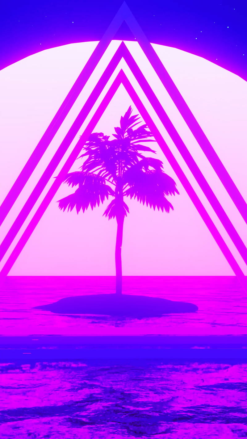 Sunset Island, glow, neon, nostalgia, palm, purple, retro, synthwave, vaporwave, vintage, HD phone wallpaper