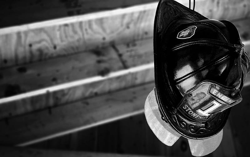 Firefighter, black and white, fire helmet, fire department, HD wallpaper
