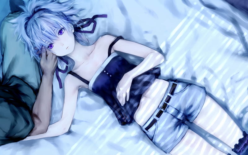 I'm Awake, sun, ribbon, guys hand, wake up, bed, blue ribbon, awake, anime girl, morning, blue, HD wallpaper