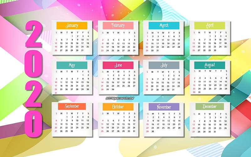 2020 calendar, colorful abstract background, all months of 2020, lines background, 2020 calendar grid, 2020 calendar for all months, HD wallpaper