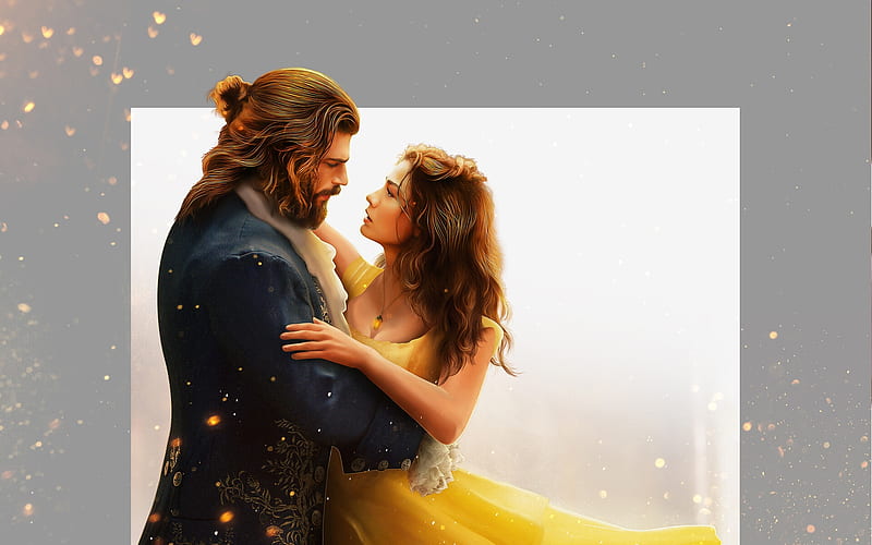 Beauty and the Beast, yellow, man, hosne qanadelo, sanem and can, couple, luminos, belle, fantasy, girl, princess, HD wallpaper