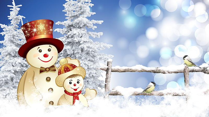 Winters Best Days, fence, christmas, new years, birds, trees, sky, snowman, winter, bokeh, snow, HD wallpaper