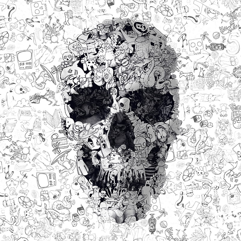 Doodle Skull, Ali, Doodle, ali gulec, art, black and white, drawing, skull, HD phone wallpaper