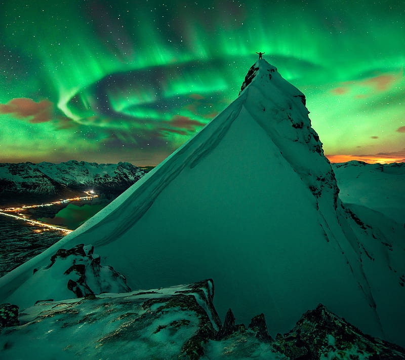 Summit, aurora, ice, mountain, peak, sky, snow, winter, HD wallpaper