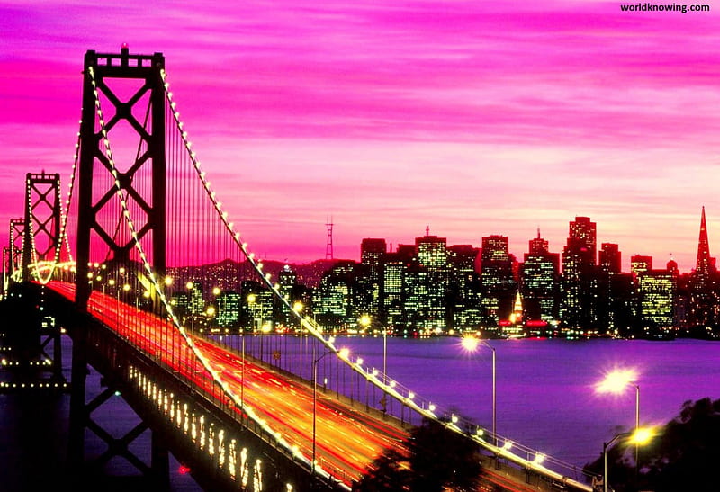 Golden Gate Bridge at Sunset, architecture, purple sky, city, purple, golden gate bridge, bridges, sunset, landscape, HD wallpaper