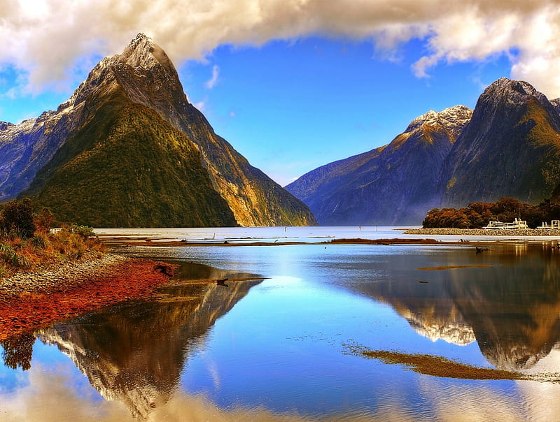 Mountains Reflections, mountain, New Zealand, fjord, bonito, clouds, Milford Sound, calm afternoon, snowy peaks, HD wallpaper