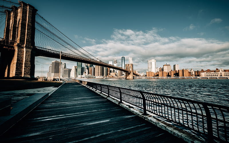 Brooklyn, East River, New York, Brooklyn Bridge, cityscape, skyscrapers, World Trade Center 1, USA, HD wallpaper
