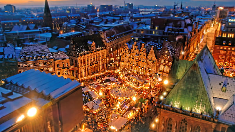 Bremen City Germany Light Night Rooftop Tilt Shift Winter City, HD wallpaper