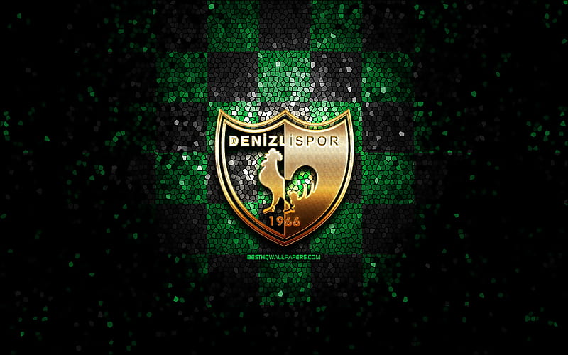 Denizlispor FC, glitter logo, Turkish Super League, green black checkered background, soccer, Denizlispor, turkish football club, Denizlispor logo, mosaic art, football, Turkey, HD wallpaper