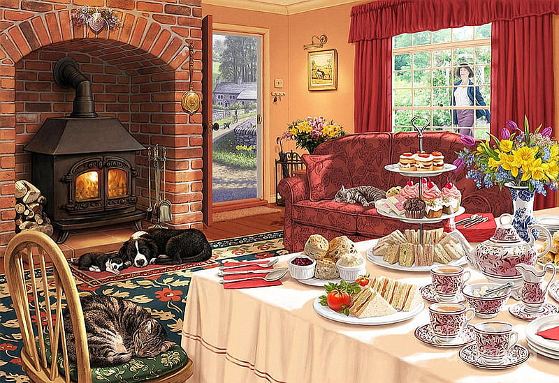 The Afternoon Visitor, chimney, coffee, window, painting, cakes, cat, dogs, HD wallpaper
