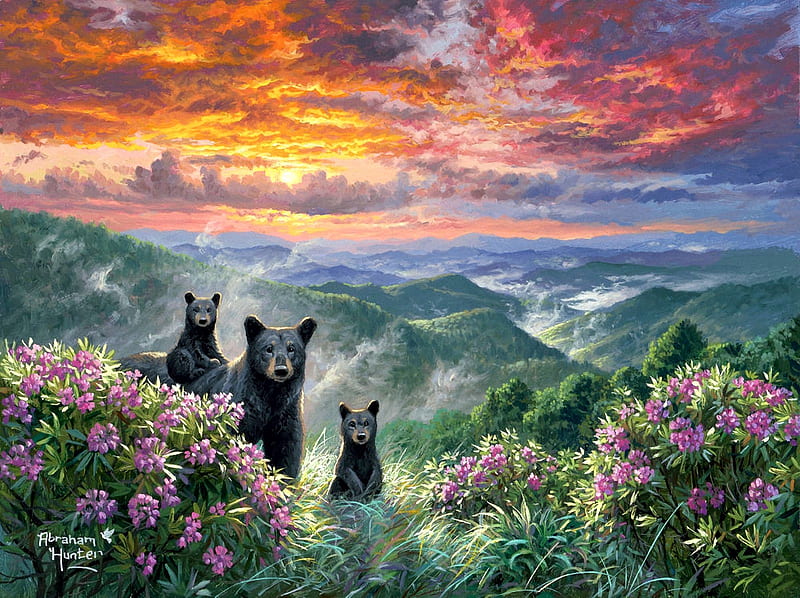 Craggy Gardens, mountains, flowers, sunset, bears, sky, clouds, artwork, landscape, painting, HD wallpaper