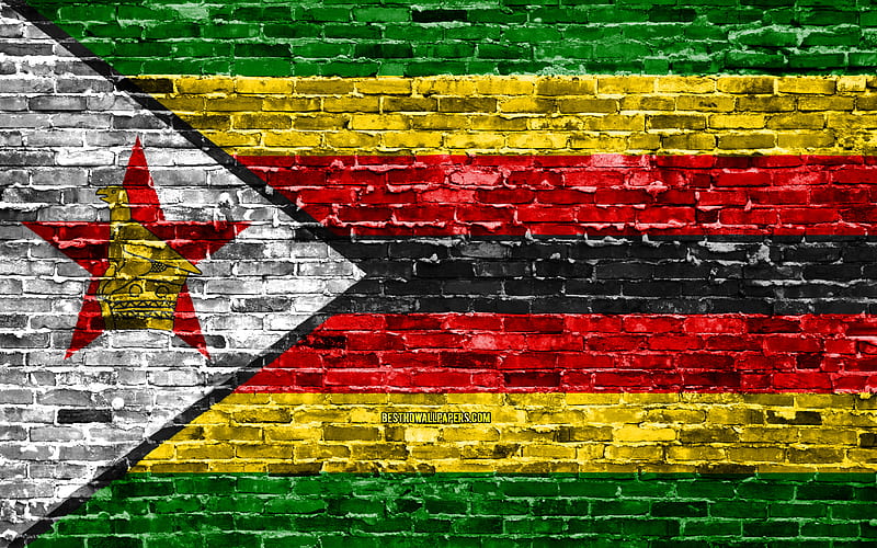 Zimbabwean flag, bricks texture, Africa, national symbols, Flag of Zimbabwe, brickwall, Zimbabwe 3D flag, African countries, Zimbabwe, HD wallpaper