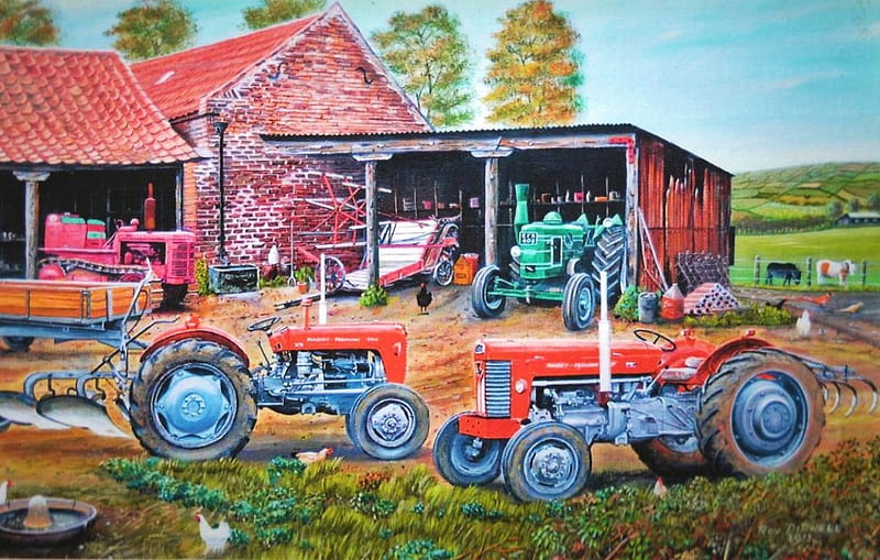 Farmyard Fergies, garages, house, painting, tractors, artwork, HD