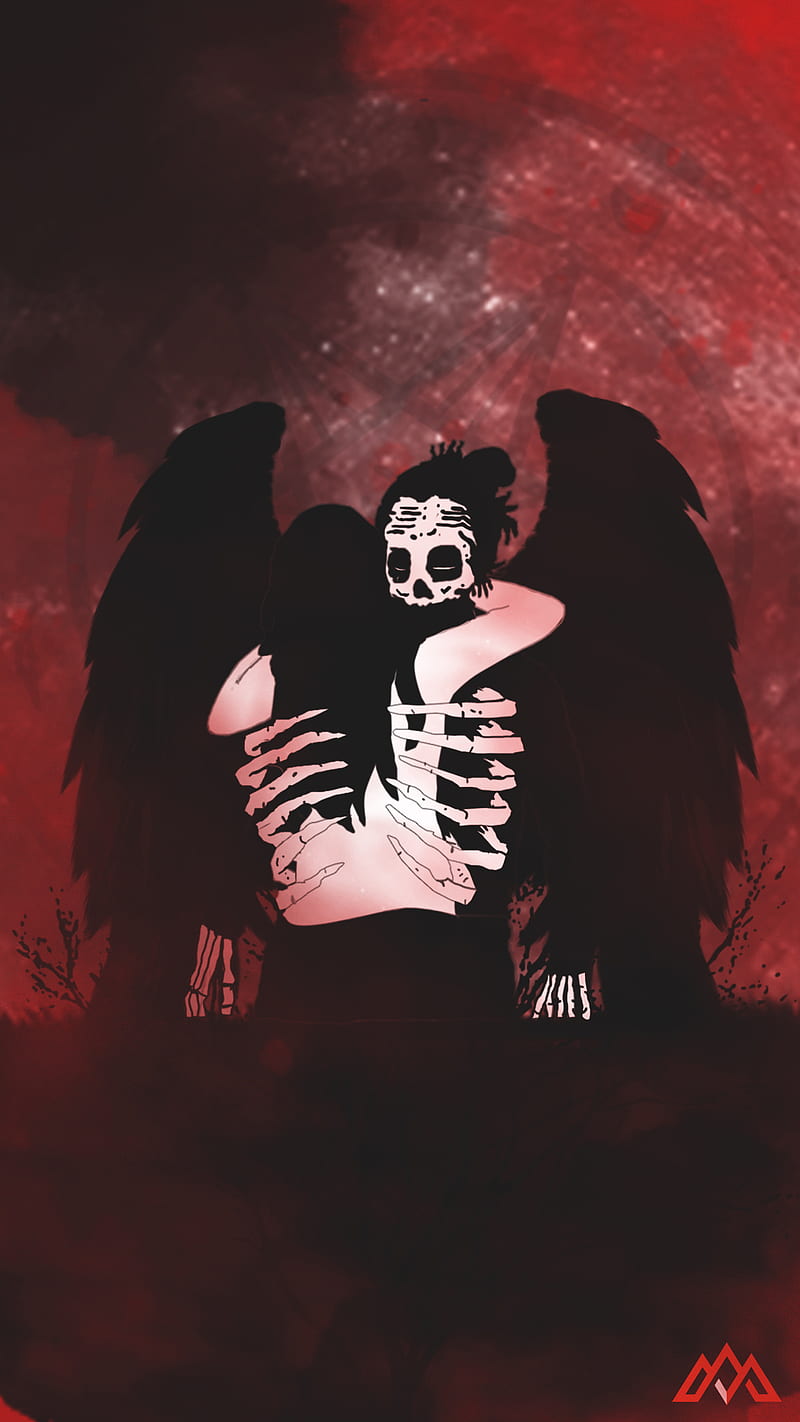 Hug, demon, angel, red, moon, HD phone wallpaper