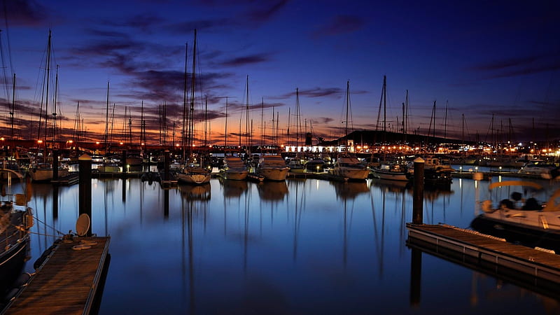 beautiful marina at twilight, marina, boats, twilight, docks, harbor, HD wallpaper