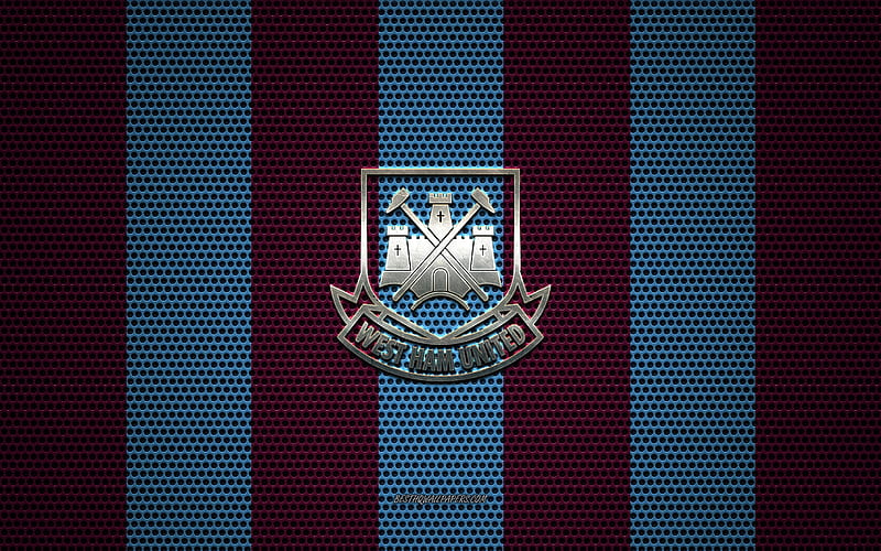 West Ham United FC logo, English football club, metal emblem, burgundy blue metal mesh background, West Ham United FC, Premier League, London, England, football, HD wallpaper