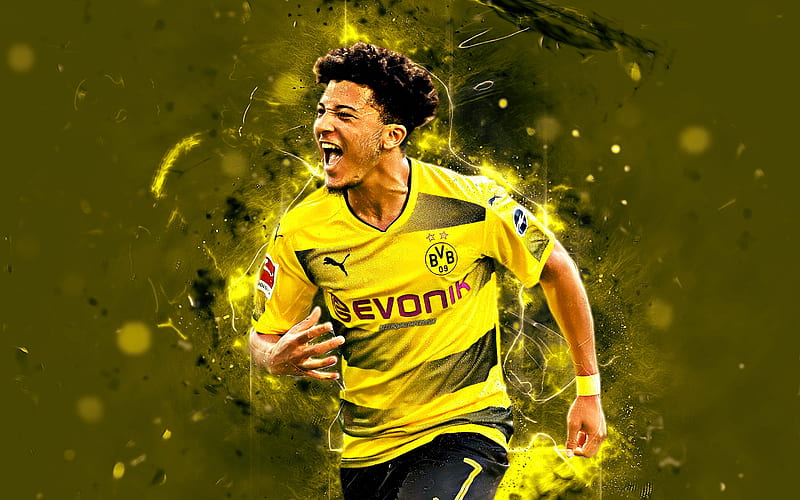 Jadon Sancho, english footballers, Borussia Dortmund FC, soccer, Sancho, BVB, Bundesliga, football, neon lights, HD wallpaper