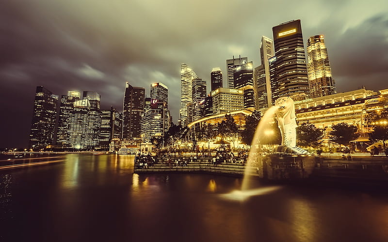 Singapore, skyscrapers, night, modern buildings, city lights, cityscape, bay, HD wallpaper
