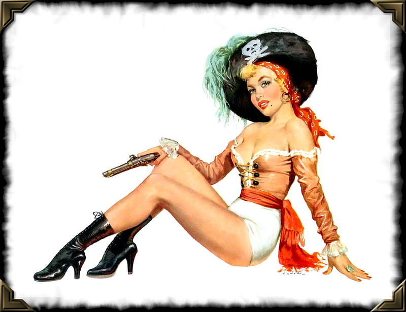 Pin-up Girl, female, boots, black, woman, pin-up, bustier, hat, shorts, sash, feathers, HD wallpaper