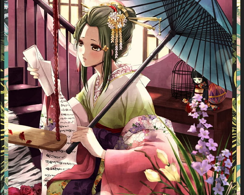 Yukimura Chizuru ✿, gren hair, blush, stairs, roses, yellow eyes, doll, kimono, sowing, cute, umberalla, dresser, artowork, Yukimura Chizuru, yukata, flowers, letter, HD wallpaper
