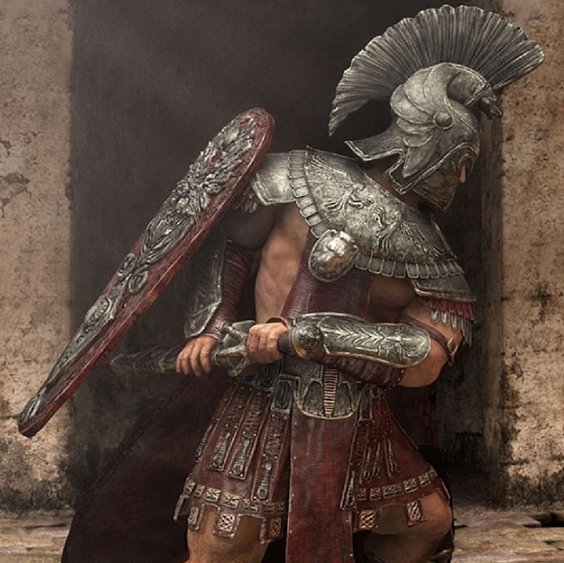 Gladius and Shield, fantasy, roman, helmet, figure, shield, legionary, sword, armour, HD wallpaper