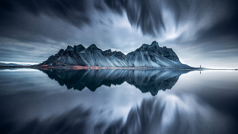 Vestrahorn Mountains, Iceland, water, mountains, iceberg, nature, seascape, iceland, reflection, clouds, HD wallpaper