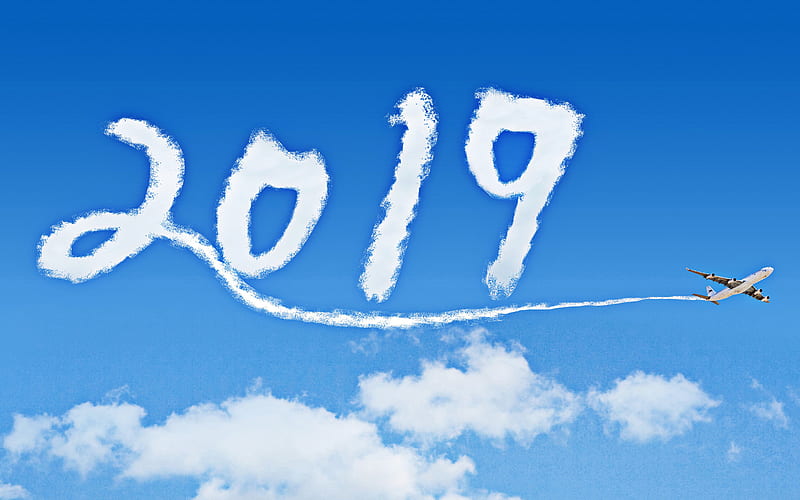 2019 aircraft trail, flying plane, Happy New Year 2019, blue sky, 2019 art, 2019 concepts, 2019 on sky, 2019 year digits, HD wallpaper