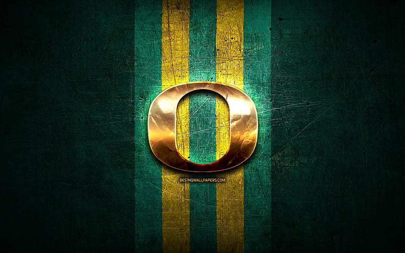 Oregon Ducks, golden logo, NCAA, green metal background, american football club, Oregon Ducks logo, american football, USA, HD wallpaper