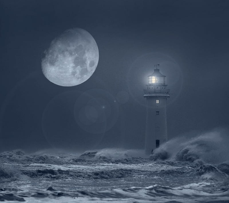 Lighthouse, beacon, light, moon, night, pharos, sea, storm, HD wallpaper