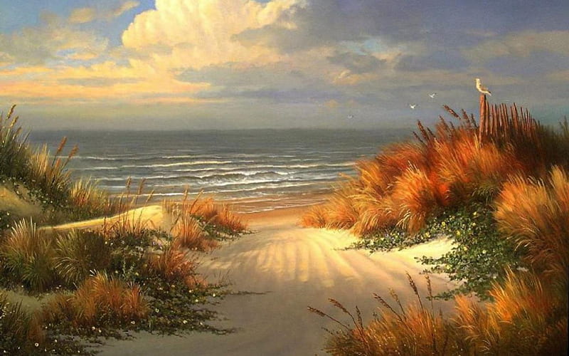 Beach and Sand Dunes, art, orange, ocean, abstract, sky, clouds, beach, sand, water, day, nature, weeds, light, HD wallpaper