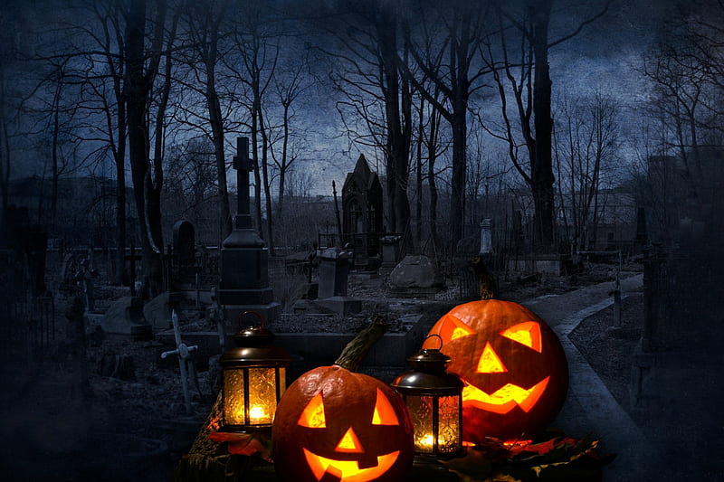 Halloween Cemetery, lanterns, jack o lanterns, cemetery, tombstones, trees, sidewalk, path, crosses, graveyard, Halloween, headstones, pumpkins, HD wallpaper