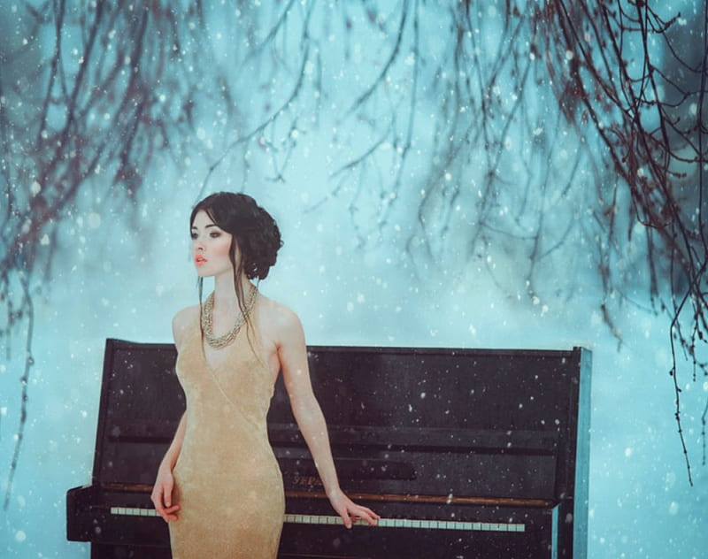 Winter Symphony, woman, snow, piano, winter, HD wallpaper