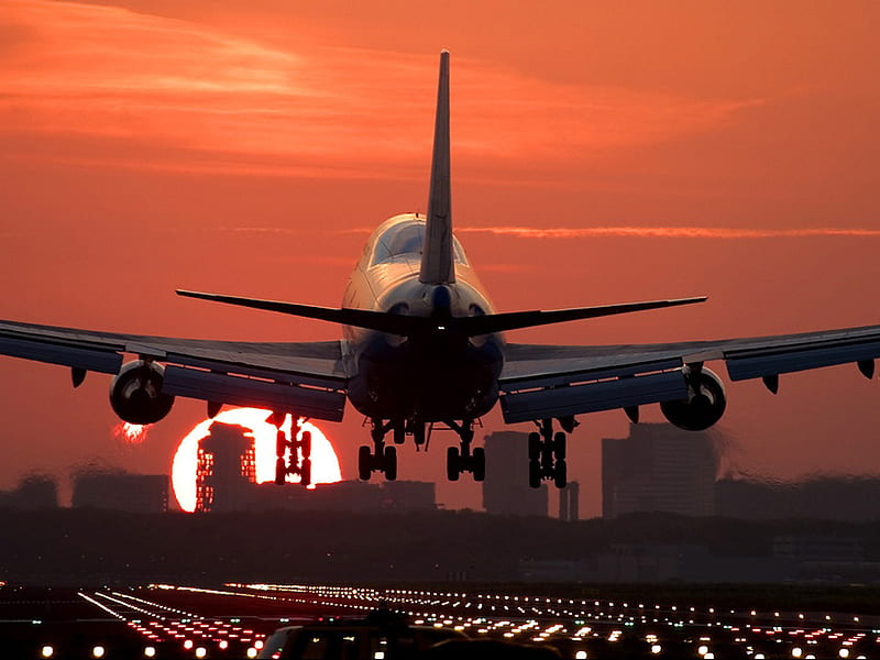 Takeoff at sunset, sun, orange, flight, sky, aircraft, fly, airplane, plane,  HD wallpaper | Peakpx