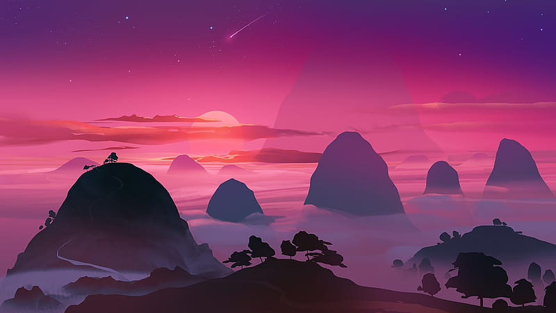 fantasy landscape, pink sky, hills, sunset, scenic, Fantasy, HD wallpaper