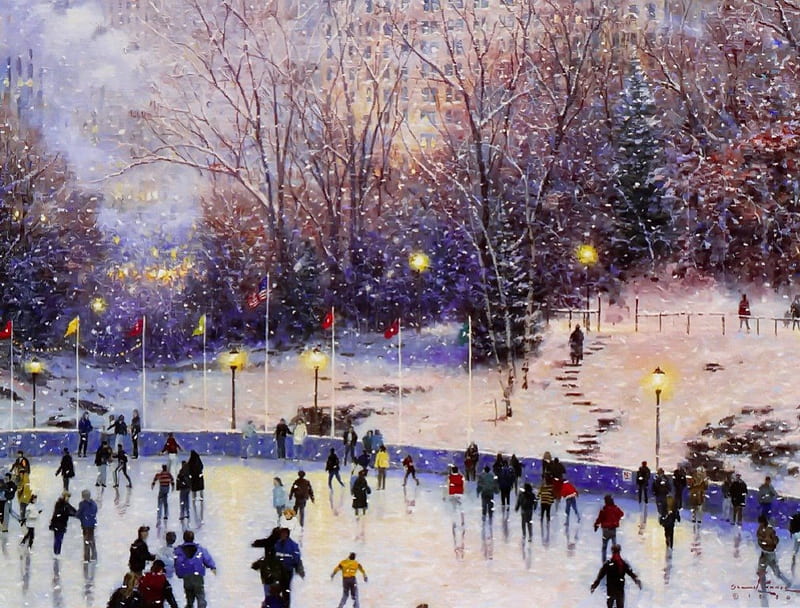 Skating in the park, bonito, lights, cold, nice, people, painting, frost, rink, lovely, fun, joy, trees, winter, icy, snow, ice, frozen, skating, HD wallpaper