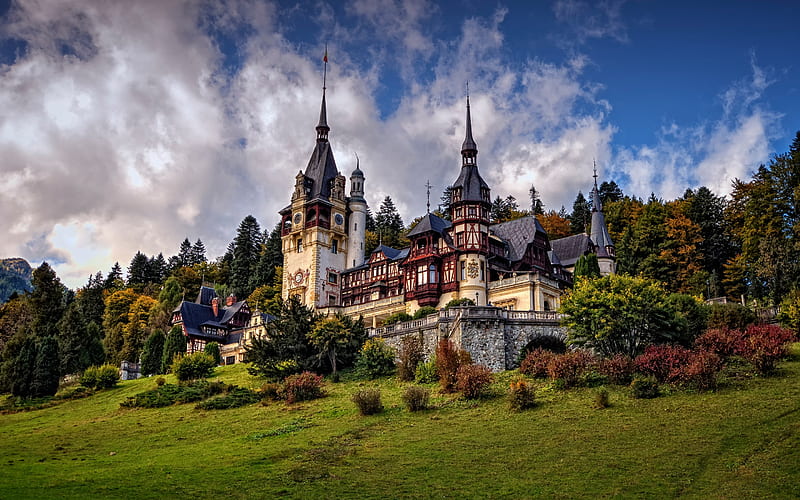 Peles Castle, Neo-Renaissance castle, beautiful castle, forest, green trees, Sinaia, Romania, HD wallpaper