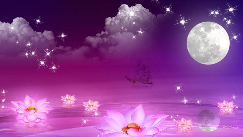 Night of Dreams, stars, ocean, firefox persona, sky, clouds, water lilies, sea, sail, boat, water, ship, purple, full moon, flowers, lily, night, HD wallpaper