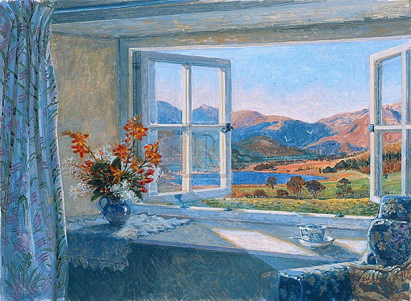 open window, autumn, september, fells, window, view, flowers, vase, HD wallpaper