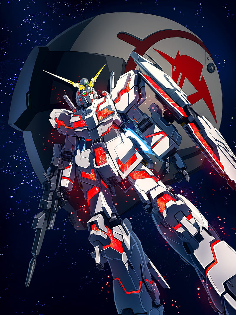 Gundam, armor, gun, helmet, la maquina, metal, robot, shield, space, star, HD phone wallpaper