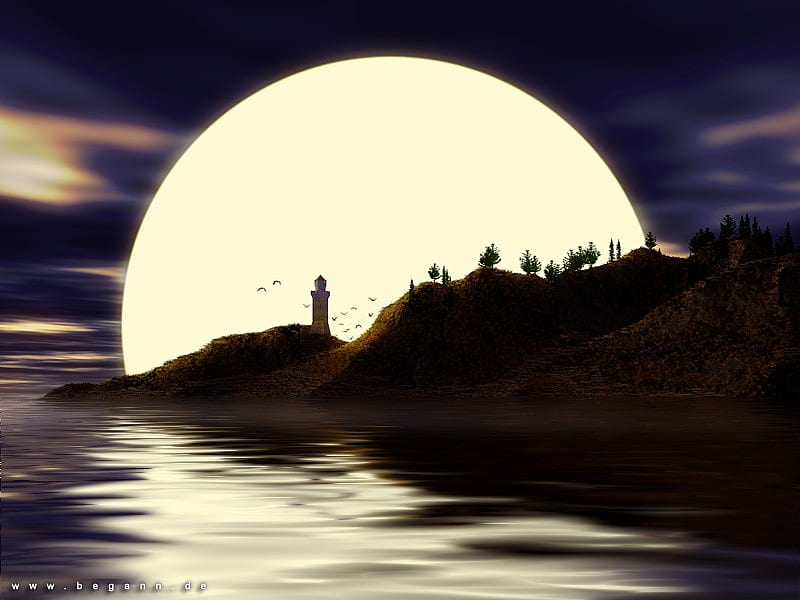 Dreaming, monchrome moon, sky, sea, lighthouse, HD wallpaper