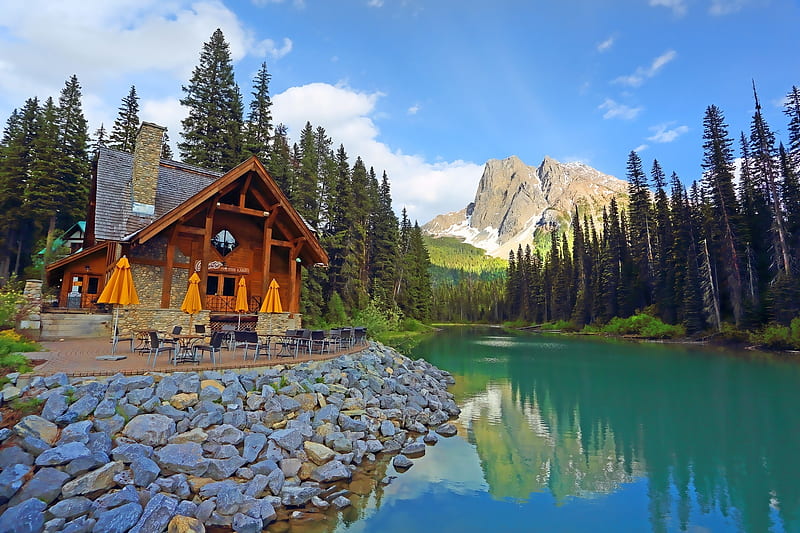 Yoho National Park, Canada, cabin, trees, restaurant, lake, sky, HD wallpaper